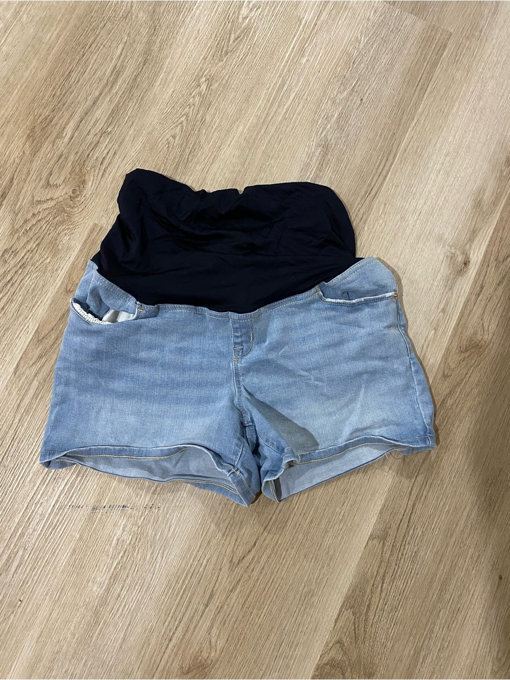 Ingrid & Isabel Light Blue Denim Maternity Shorts with Black Waist Panel